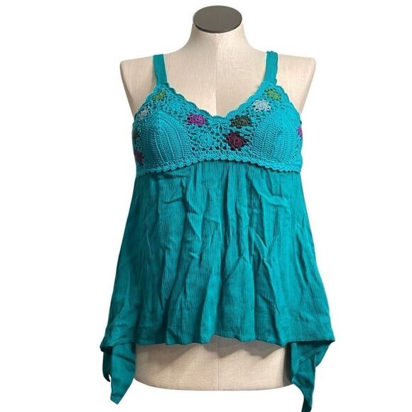 Y2K Parc & Lex Womens Babydoll Top L Teal Crochet Bust Empire Waist Fairygoth - Picture 1 of 8